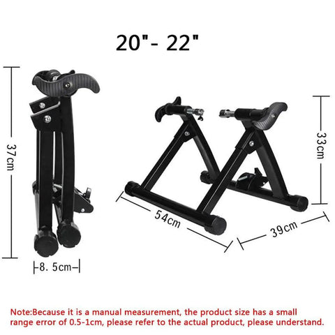 Indoor Bike Trainer Stand For 20 To 22 Inch Wheel Size Mountain And Road Bikes with adjustable height shown in dimensions
