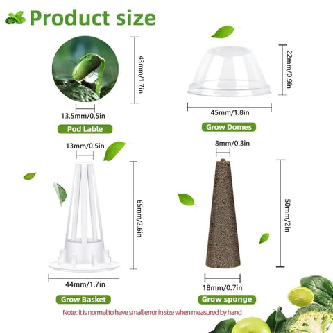 Product size chart of 101 Piece Hydroponic Pods Kit For Indoor Gardens With Seed Pods Grow Sponges Labels Baskets Domes Plant Tags And Tweezers Fits Most Planting Systems For Easy No Fuss Home Hydroponic Gardening