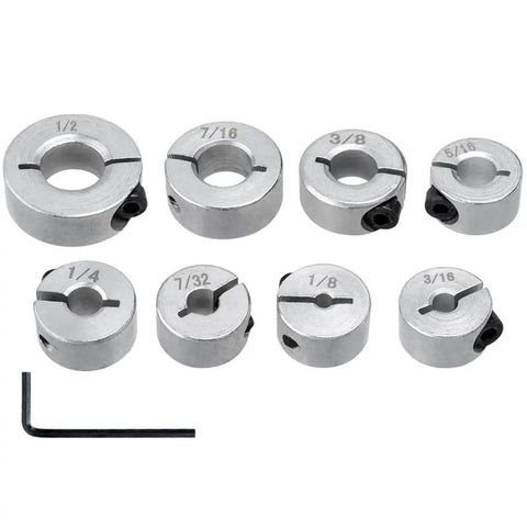 8 Pcs Drill Bit Stop Collar Set with Split Rings and M5 Set Screws, imperial sizes 1/8 to 1/2 inch, with 3mm Allen wrench