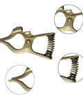 300 Amp T Style Brass Welding Ground Clamp for rock solid grounding and large cable connections, side and close-up views in golden finish