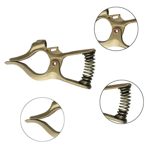 300 Amp T Style Brass Welding Ground Clamp for rock solid grounding and large cable connections, side and close-up views in golden finish