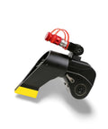 Heavy Duty Hydraulic Torque Wrench With One Way Ratchet And Quick Swap Square Hex Drives Rust Resistant Alloy Steel Frame 360 Swivel Reaction Arm Built Tough For Rough Job Site Grinds side angle view with red button and yellow safety edge.