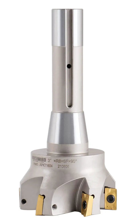 3 Inch Cutting Diameter Indexable End Mill With 6 APKT1604 Carbide Inserts 90 Degree Right Hand Cut R8 Shank Six And A Quarter Inch Overall Length Pro Grade Tough As Nails No Coolant Through