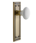 Mission Plate With White Porcelain Knob, Passage Door Hardware In Antique Brass Finish, 2 3 Quarter Inch Backset, Solid Forged Brass Plates
