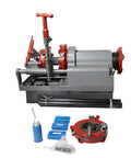 Pro Grade 110V Electric Pipe Threading Machine 750W Motor with cutting tools and accessories for 1/2 to 3 inch pipes.