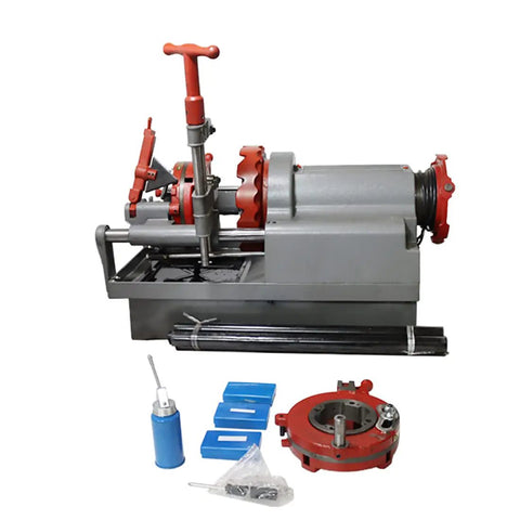 Pro Grade 110V Electric Pipe Threading Machine 750W Motor with cutting tools and accessories for 1/2 to 3 inch pipes.