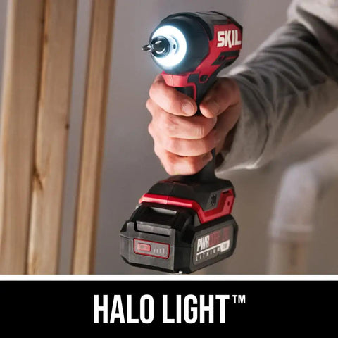 Person using Pwr Core 20 Brushless 20V Compact Drill Driver And Impact Driver Kit with 2.0Ah Battery in tight space
