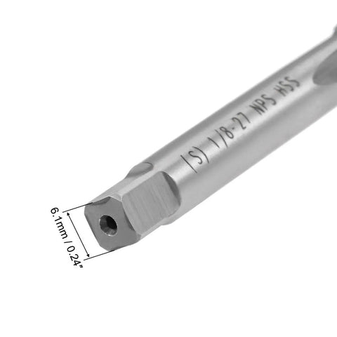 Close-up of 1/8-27 NPS Pipe Tap With 3 Straight Flutes, High Speed Steel Threading Tool showing measurement details