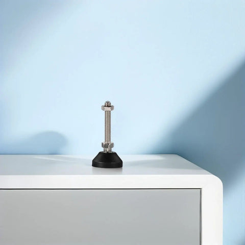 Six Piece Adjustable Furniture Leveling Feet featuring legit heavy duty nylon bases and swivel height adjustments on a table.
