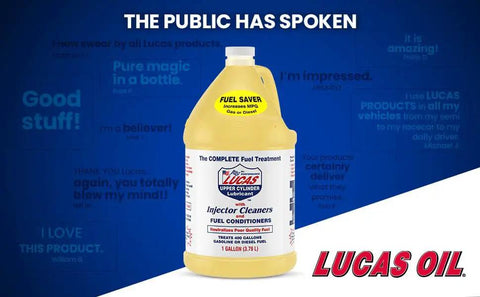 Lucas Oil 1 gallon fuel treatment additive for gasoline and diesel, improves MPG, cleans injectors, boosts power, reduces emissions.