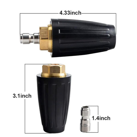 Turbo Rotating Pressure Washer Nozzle With 4000 PSI Max And Quarter Inch Quick Connect featured in dimensions and parts