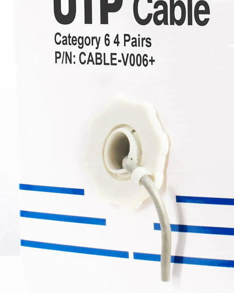 Close-up of Dope 500 Foot Cat6 Bulk Ethernet Cable 23 AWG CCA UTP Indoor Network Cable Gray showing cable end in pull box