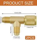 Two Pack Quick Connect AC Valve Core Adapter Tee with One Quarter Inch Brass Fitting, showing dimensions of each brass fitting.