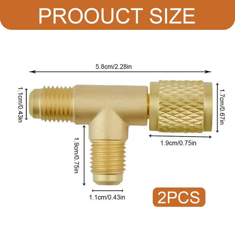 Two Pack Quick Connect AC Valve Core Adapter Tee with One Quarter Inch Brass Fitting, showing dimensions of each brass fitting.