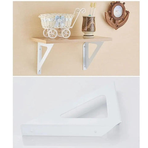 Top Notch Wrought Iron Corner Shelf Bracket Delivers Legit Heavy Duty Support For Wall Mounted Storage Systems And Rugged Diy Shelving Setups Across Any Home Or Workspace. White triangle bracket holds wooden shelf.