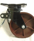 Badass Heavy Duty 8 Inch Diameter 2 Inch Wide Kingpinless Drop Forged Swivel Caster With Total Lock Brake And Maintenance Free Ductile Steel Wheel Rolls Like A Dream Rated For 2000 Lbs Each shown from the side with a red wheel and locking mechanism.