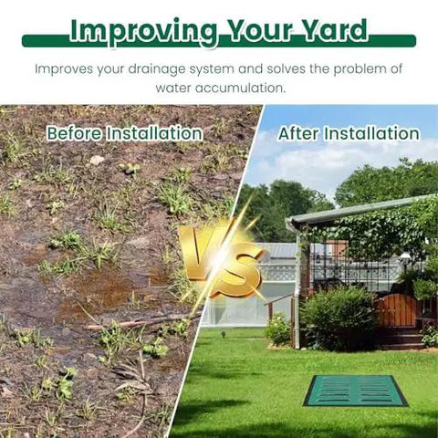 Before and after image showing yard drainage improvement with Rock Solid Heavy Duty Catch Basin Sump Pump With Drain Lid And Debris Basket For No Sweat Yard Drainage Featuring Durable Polyethylene Basin And Resin Manhole Cover Built To Crush It And Good To Hit The Ground.