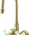 Old School Vintage Clawfoot Tub Faucet With 3-3/8 Inch Wall Mount, Solid Brass Construction, Porcelain Cross Handles, polished brass finish