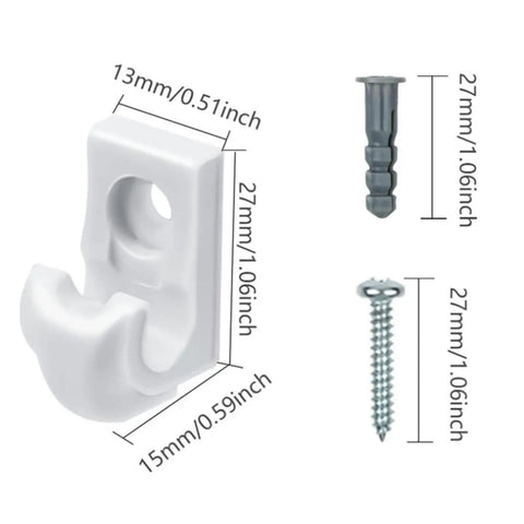 Close-up of 24 Piece Wall Clip Shelf Hooks Set with dimensions and screws for wire shelves and cabinets installation.