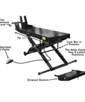 Shop Tough Portable Motorcycle Lift Air Operated Bike Stand 1000 Lb Capacity with adjustable vise and foot pedal.
