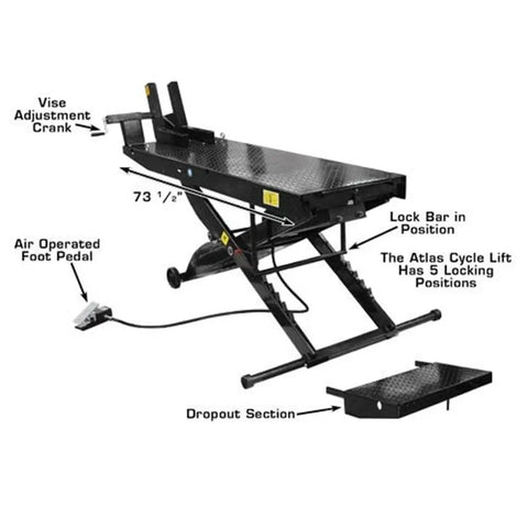 Shop Tough Portable Motorcycle Lift Air Operated Bike Stand 1000 Lb Capacity with adjustable vise and foot pedal.