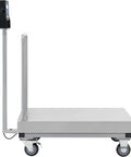 Heavy Duty Mobile Bench Scale NTEP Certified With LED Display 1000 Lb Load By.2 Lb Accuracy, side view showing steel platform and wheels.