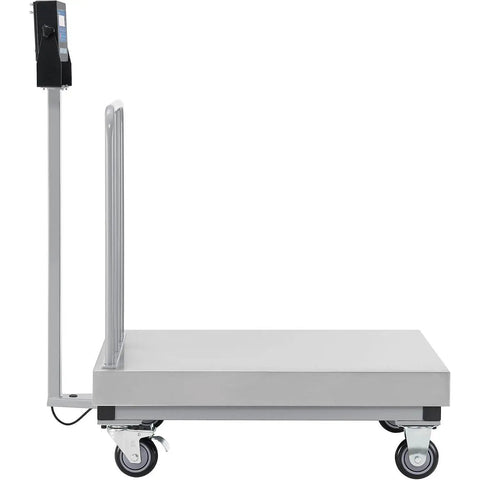 Heavy Duty Mobile Bench Scale NTEP Certified With LED Display 1000 Lb Load By.2 Lb Accuracy, side view showing steel platform and wheels.