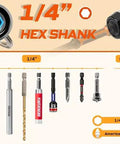 21Pcs Bit Holder Key Chain Set With One Quarter Inch Hex Shank One Handed Quick Change Release Drill Extension Step Drill From One Eighth To One Half Inch Includes Impact Bits And Socket Adapters For 1/4, 3/8, 1/2 Inch Outdoor DIY Toolkit displayed with various bits and hex shank.