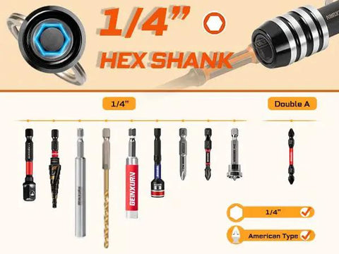 21Pcs Bit Holder Key Chain Set With One Quarter Inch Hex Shank One Handed Quick Change Release Drill Extension Step Drill From One Eighth To One Half Inch Includes Impact Bits And Socket Adapters For 1/4, 3/8, 1/2 Inch Outdoor DIY Toolkit displayed with various bits and hex shank.