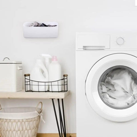 Must Have Magnetic Laundry Storage Lint Holder Bin For Laundry Room Large 9.3 Liter Capacity Space Saving Trash Container Mounts On Dryer Washer Or Wall With Magnetic Strip 6.3 By 2.7 Inch Gray White mounted on wall above dryer