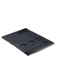 No Fuss Pvc Espresso Tamping Mat And Bar Drip Tray For Straight Up Counter Guard With Stick Tight Non Slip Coffee Distribution Pad Easy Clean Black Single Piece with round and flat areas for coffee prep.