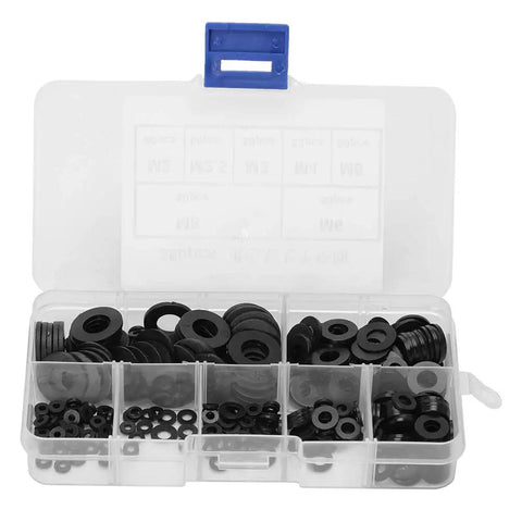 Versatile 350 Piece Rubber Washer Kit With M2 M2.5 M3 M4 M5 M6 M8 Sizes Black For Home Auto Plumbing DIY Use Cuts Friction Prevents Leaks Seals Gaskets And Spacers For All Your Quick Fix Projects, assorted black rubber washers in organizer box