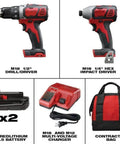 Heavy Duty 18 Volt Cordless Rig Showcasing A Boss Level Half Inch Drill Coupled With A Quarter Inch Hex Impact Driver Yielding Knockout Torque Rare Earth Magnets And Rock Solid Durability For Any Pro Job Site Hustle - drill, impact driver, dual battery, charger, contractor bag.