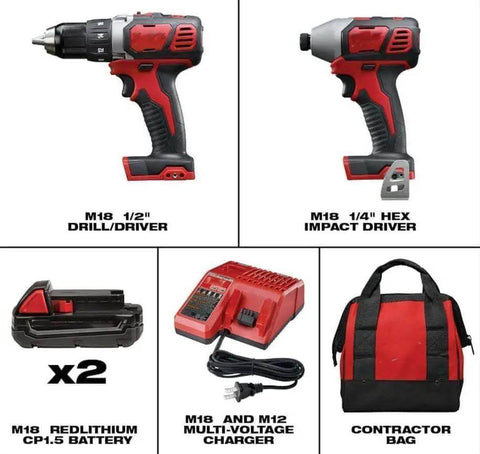 Heavy Duty 18 Volt Cordless Rig Showcasing A Boss Level Half Inch Drill Coupled With A Quarter Inch Hex Impact Driver Yielding Knockout Torque Rare Earth Magnets And Rock Solid Durability For Any Pro Job Site Hustle - drill, impact driver, dual battery, charger, contractor bag.
