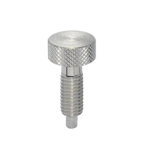 Industrial Grade Stainless Steel Locking Spring Screw Indexing Plunger With No Sweat Pull And Twist Action, close-up view.