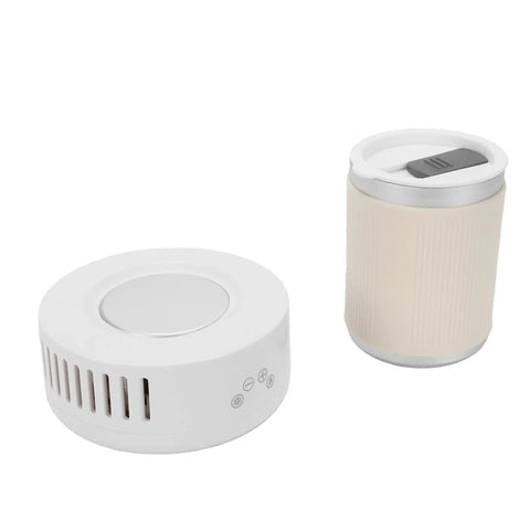 Dual Zone Cup Cooler And Warmer Keeps Your Drinks Totally Chilling Or Scorching Hot Year Round Electric Desk Beverage Station with a coffee can.