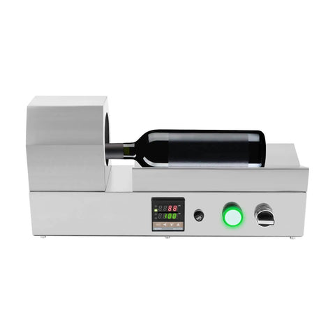 Fast Heat Electric Bottle Sleeve Shrinker Machine With Digital Temp Control For Wine Capsules Up To 70 Millimeters, silver with wine bottle.