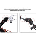 Front and side views of Amazon Arm Mechanical Robotic Clamp Claw Kit, 6DOF arm with black metal segments and red wires