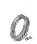 Solid Stainless Steel Hose Clamp Set With Heavy Duty Worm Gear Band And Screw For Secure Pipe Connections That Grip Tight Under Pressure Without Slipping Or Deforming For Reliable Plumbing And Auto Repair Jobs Today. stainless steel worm gear hose clamp set with screw, angled view