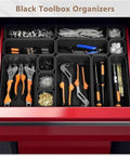 Six Size 80 Piece Tool Box Organizer Set Black Garage Storage Tray Dividers in a red tool chest drawer holding various tools