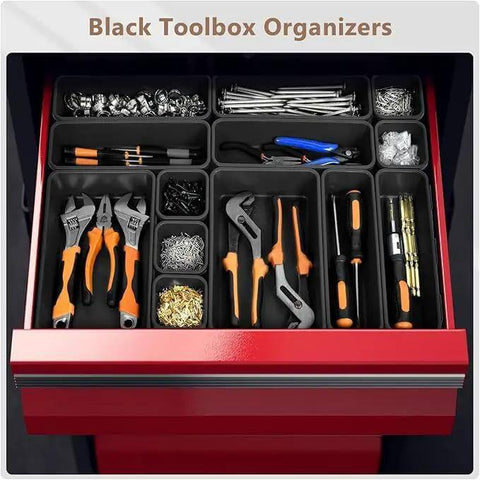 Six Size 80 Piece Tool Box Organizer Set Black Garage Storage Tray Dividers in a red tool chest drawer holding various tools