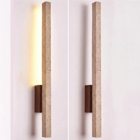 Linear Wall Sconce Wood Grain Strip Wall Light Slim Vertical Lamp Modern Minimalist Fixture with warm glow on wall.