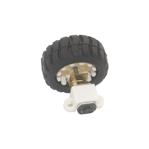 12V DC Mini Motor For Makers And DIY Tinkerers With Plastic Wheel Kit And Fixed Frame Connecting Nut, black wheel close-up