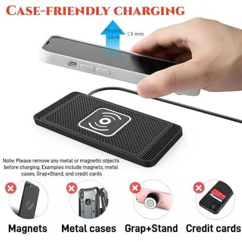 Fast Wireless Dash Charger Pad With Hella Secure Non Slip Silicone Base Mount For Chevy Volt Bolt Ev And Blazer Ev Easy One Hand Drop In Quick Charge Phone Holder shows case-friendly charging.