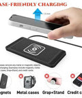 Fast Charging Wireless Car Pad With Fifteen Watt Output Compatible With Chevy Volt Bolt Ev Blazer And Euv Featuring Usb Hub For Seamless Device Link, shown with a phone case charging.