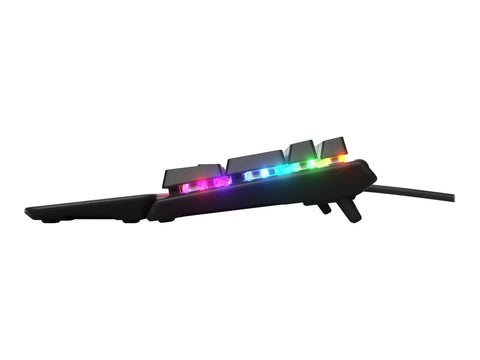 Top Shelf Mechanical Gaming Keyboard Featuring Heavy Duty Aluminum Chassis And Smart Display For Live Game Stats Discord Chats And Spotify Tracks, side view with RGB lighting.