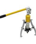 Heavy Duty 5 Ton Hydraulic Puller With Interchangeable Two And Three Jaw Claws For Bearing Removal and hub extraction showing yellow hydraulic pump and aluminum claws.