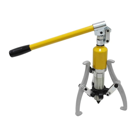 Heavy Duty 5 Ton Hydraulic Puller With Interchangeable Two And Three Jaw Claws For Bearing Removal and hub extraction showing yellow hydraulic pump and aluminum claws.