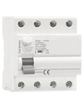 Heavy Duty Shop Grade 4 Pole Residual Current Circuit Breaker With 40 Amp Load Rating And 300 Milliamp Ground Fault Protection For Reliable Home Panel Installations AC 230 Volts in white housing.