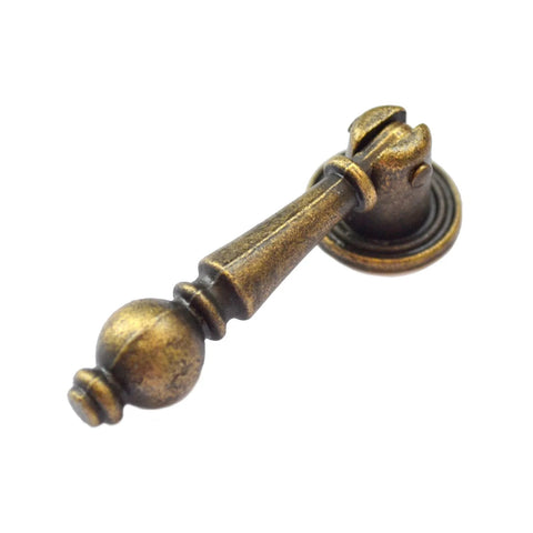 Antique bronze drawer pull from four piece set with single hole mount, vintage decorative handle for dresser, cabinet, chest, jewelry box.